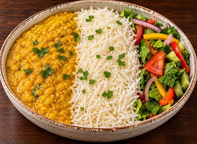 Yellow lentils rice bowl.