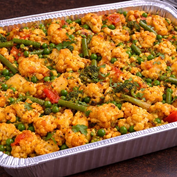 Close-up of a foil tray filled with colorful cauliflower, green beans, peas, and spices.
