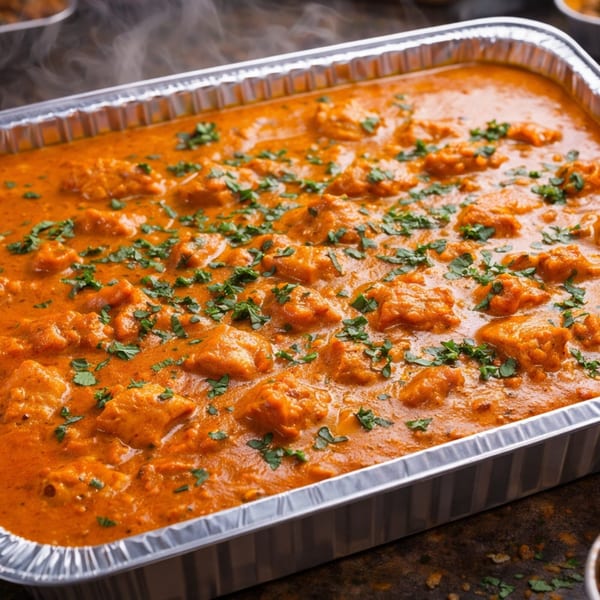 Steaming butter chicken in a large aluminum catering tray, garnished with fresh cilantro.