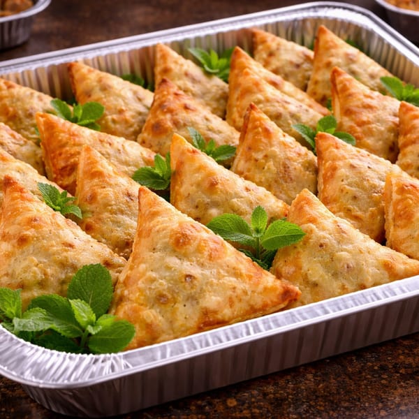 Golden-brown samosas garnished with fresh mint leaves, arranged in a silver foil tray.