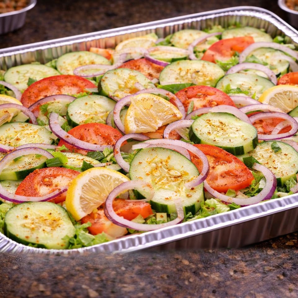 A catering tray filled with fresh salad, topped with sliced cucumbers, tomatoes, red onions, and lemons.