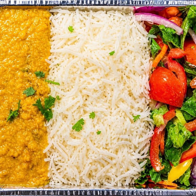 Yellow lentils rice bowl.