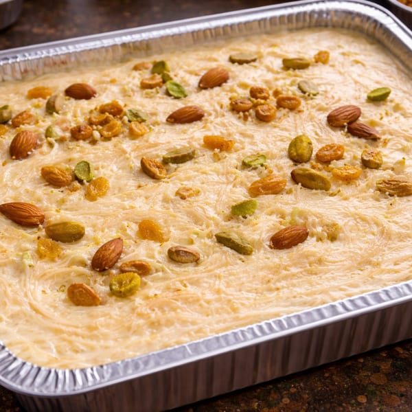Sweet vermicelli dessert with almonds, pistachios, and golden raisins in a foil pan.