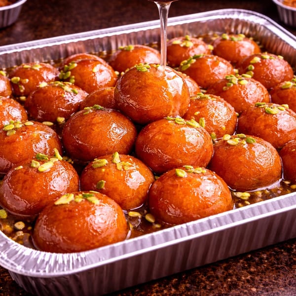 A foil tray filled with gulab jamun, drizzled with syrup and garnished with chopped pistachios.