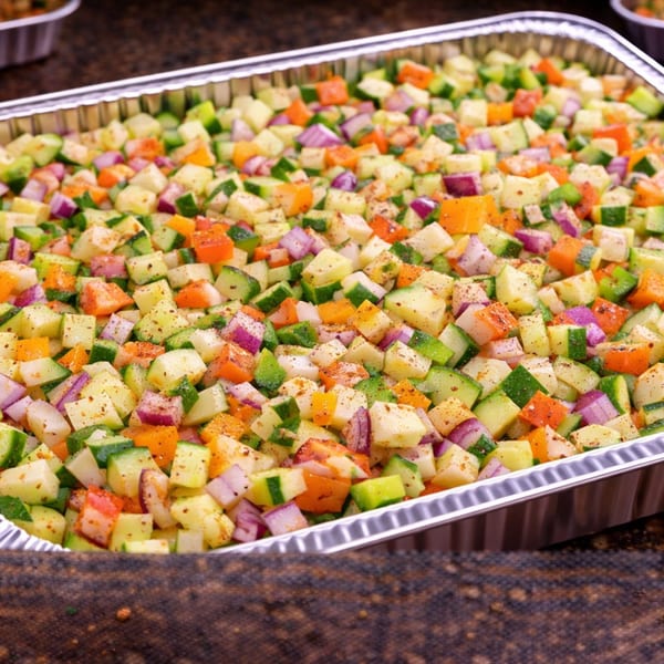 A large foil tray filled with diced cucumbers, red onions, and orange bell peppers, seasoned with spices.