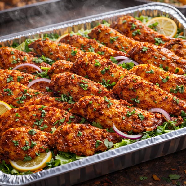 Steaming tray of seasoned chicken pieces with lemon, red onion, and parsley on a bed of lettuce.