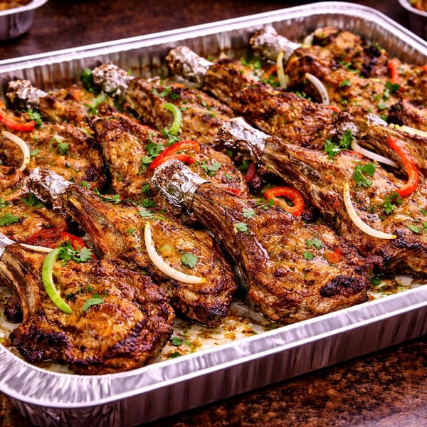 Grilled lamb chops with foil-wrapped bones, garnished with fresh herbs, red and green peppers, and onions.