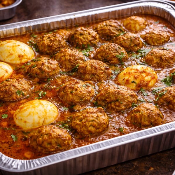 A foil tray filled with meatballs and hard-boiled eggs in a rich, reddish-brown curry sauce.