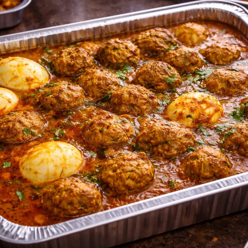 A foil tray filled with meatballs and hard-boiled eggs in a rich, reddish-brown curry sauce.