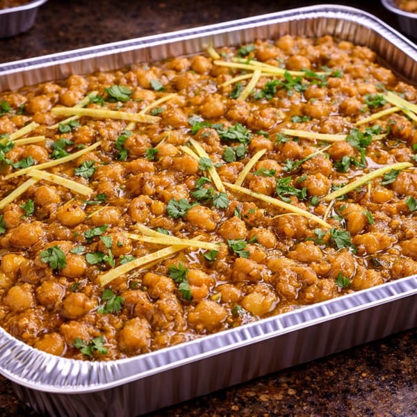 Close-up of chana masala in a foil tray, garnished with fresh cilantro and ginger slivers.