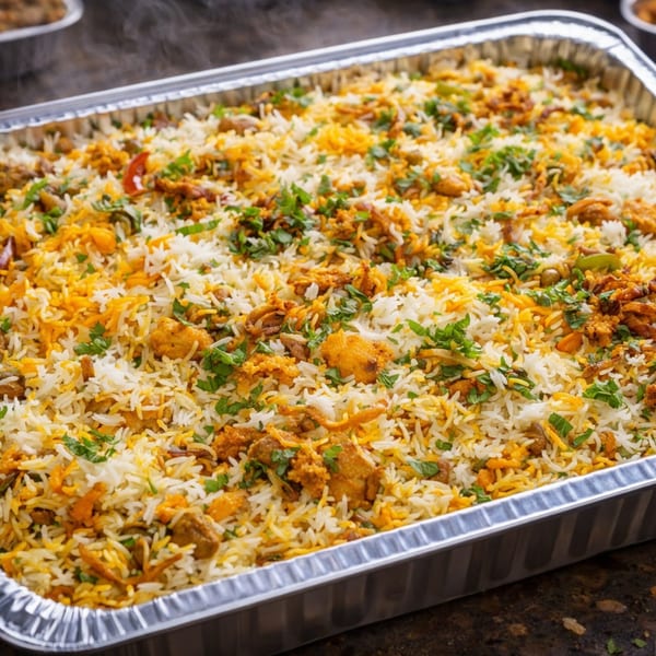 Steaming hot chicken biryani with white and yellow rice, garnished with fresh cilantro in a foil tray.